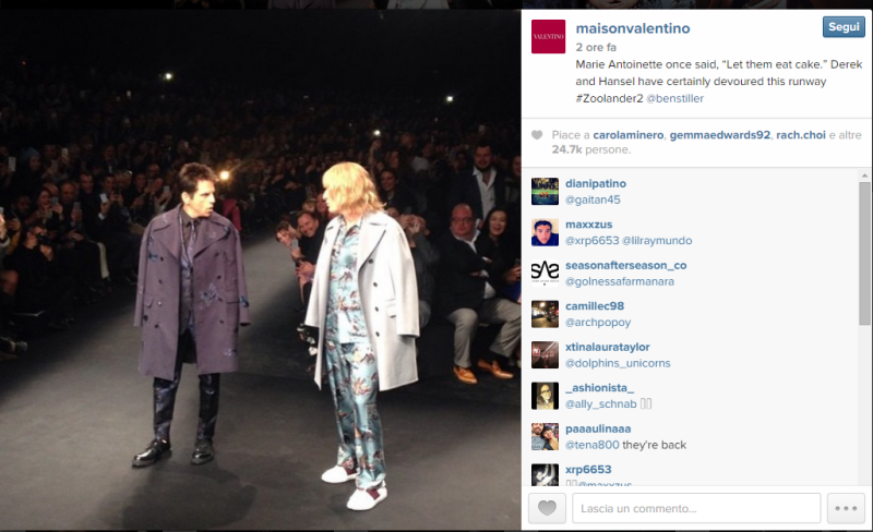 Zoolander e Valentino, co-branding in passerella alla #PFW